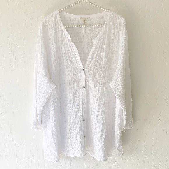 Eileen Fisher 3/4-Sleeve Stretch-Cotton Voile Box Tunic Top - Picture 2 of 8